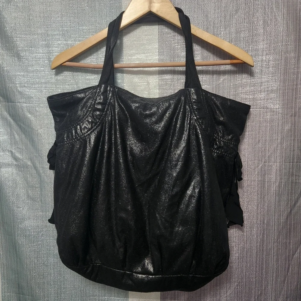 Juicy Couture Black Metallic Tote Bag Hobo Ribbon Side Ties J-Hook Zip Large